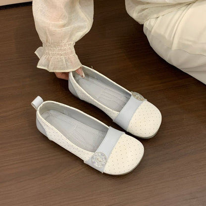 Women Round Toe Polka Dot Mary Jane Flats Color Block Spliced Pearl Buckle Soft Sole Slip On Ballet Flat Shoes Casual Daily Walking Footwear