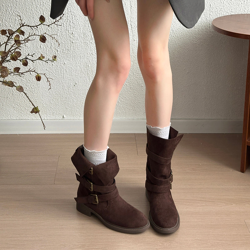 Vintage Belt Buckle Slouchy Boots Women 2026 Fall New Block Heel Mid Calf Western Cowboy Short Boots