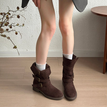 Vintage Belt Buckle Slouchy Boots Women 2026 Fall New Block Heel Mid Calf Western Cowboy Short Boots