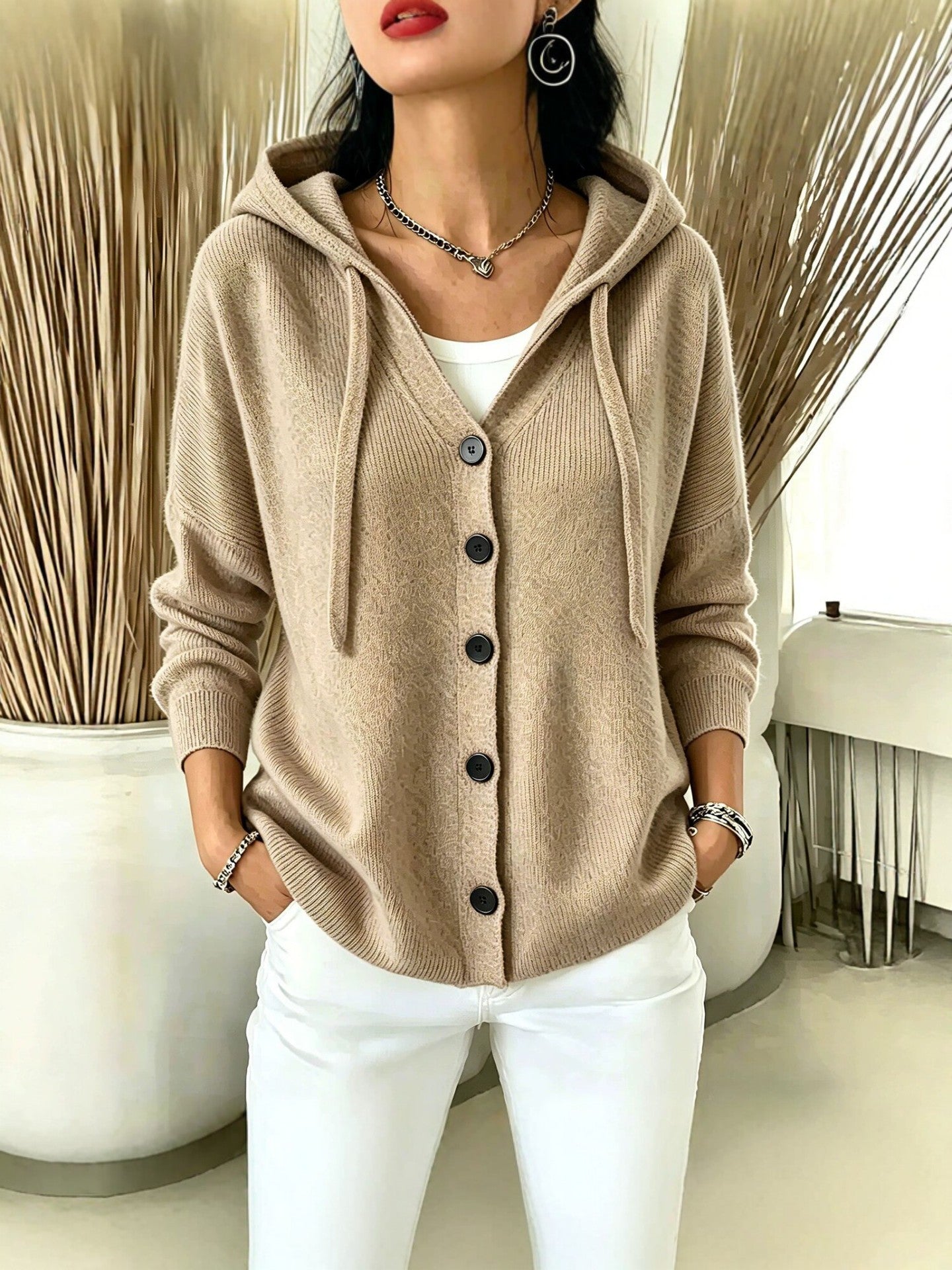 Womens European And American-style Autumnwinter New Hooded Knit Cardigan
