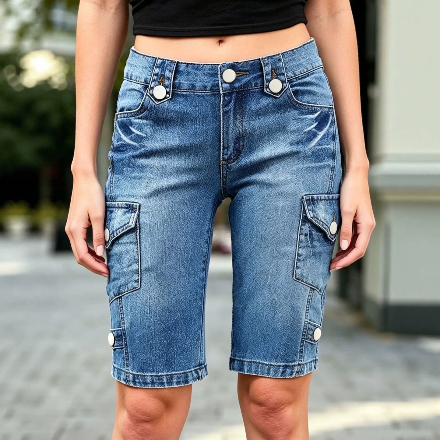 Women's Retro Double Button Waist Workwear Five Quarter Shorts