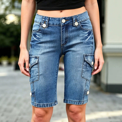 Women's Retro Double Button Waist Workwear Five Quarter Shorts
