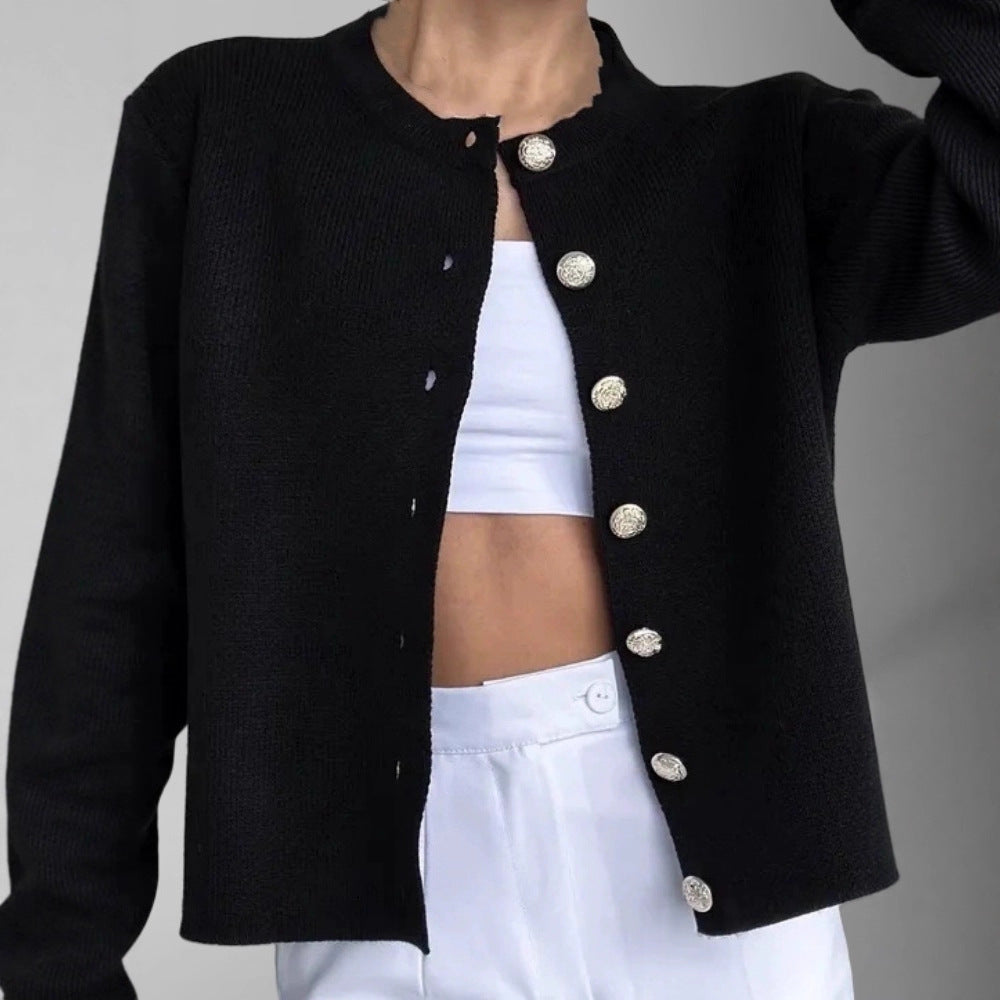 Autumn And Winter New Cross-Border Long-Sleeved Single-Breasted Knitted Cardigan European And American Pure Color Casual Versatile Sweater Jacket For Women
