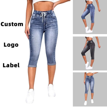 Cross-border European And American Hot Selling Women's Jeans Women's High Elastic Elastic Waist Drawstring High Waist Sexy Ripped Jeans