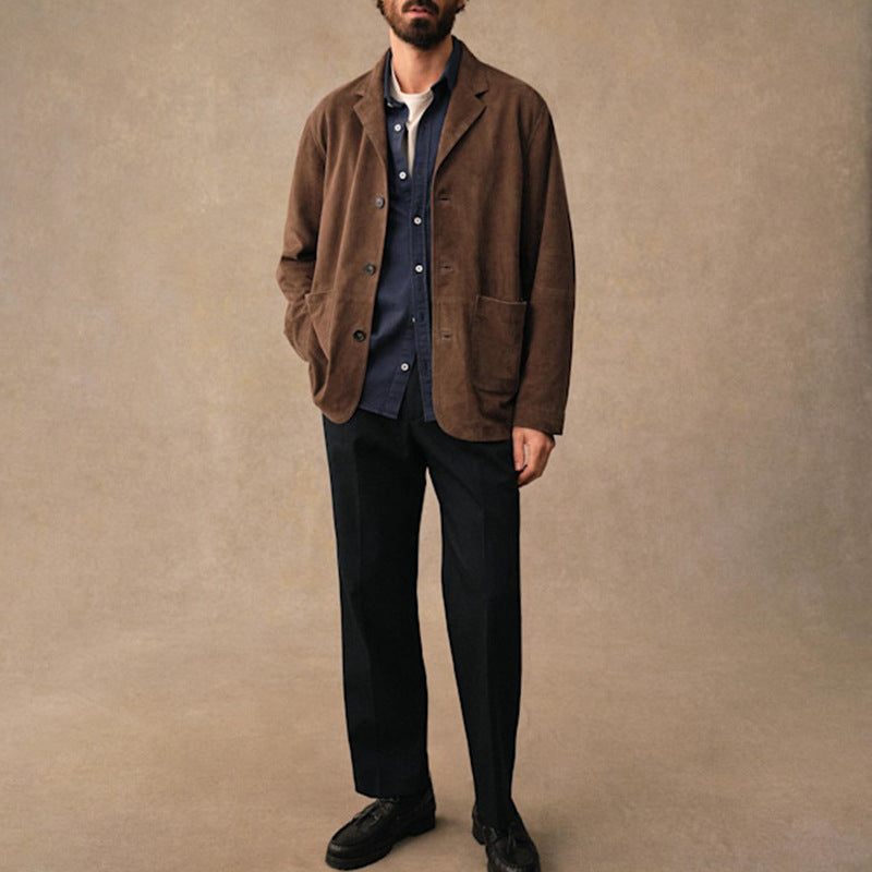 Mens Suede-Lined Lapel Vintage Casual Jacket Coat