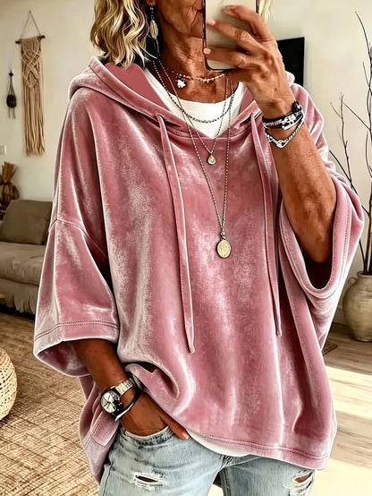 Women Velvet Batwing Short Sleeve Hoodie, Drawstring Loose Casual Solid Color Pullover Tops