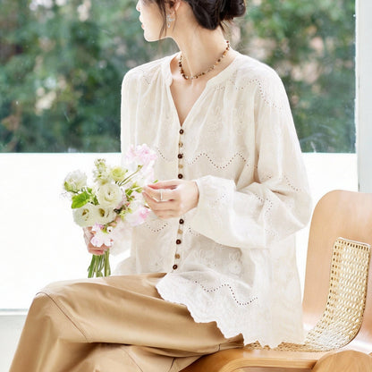 White Blouse Womens Long-sleeve Embroidered Top In Traditional Chinese Style