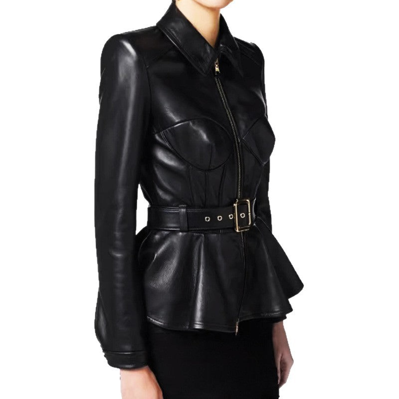 Zipper Belt Lapel Long-Sleeve Coat