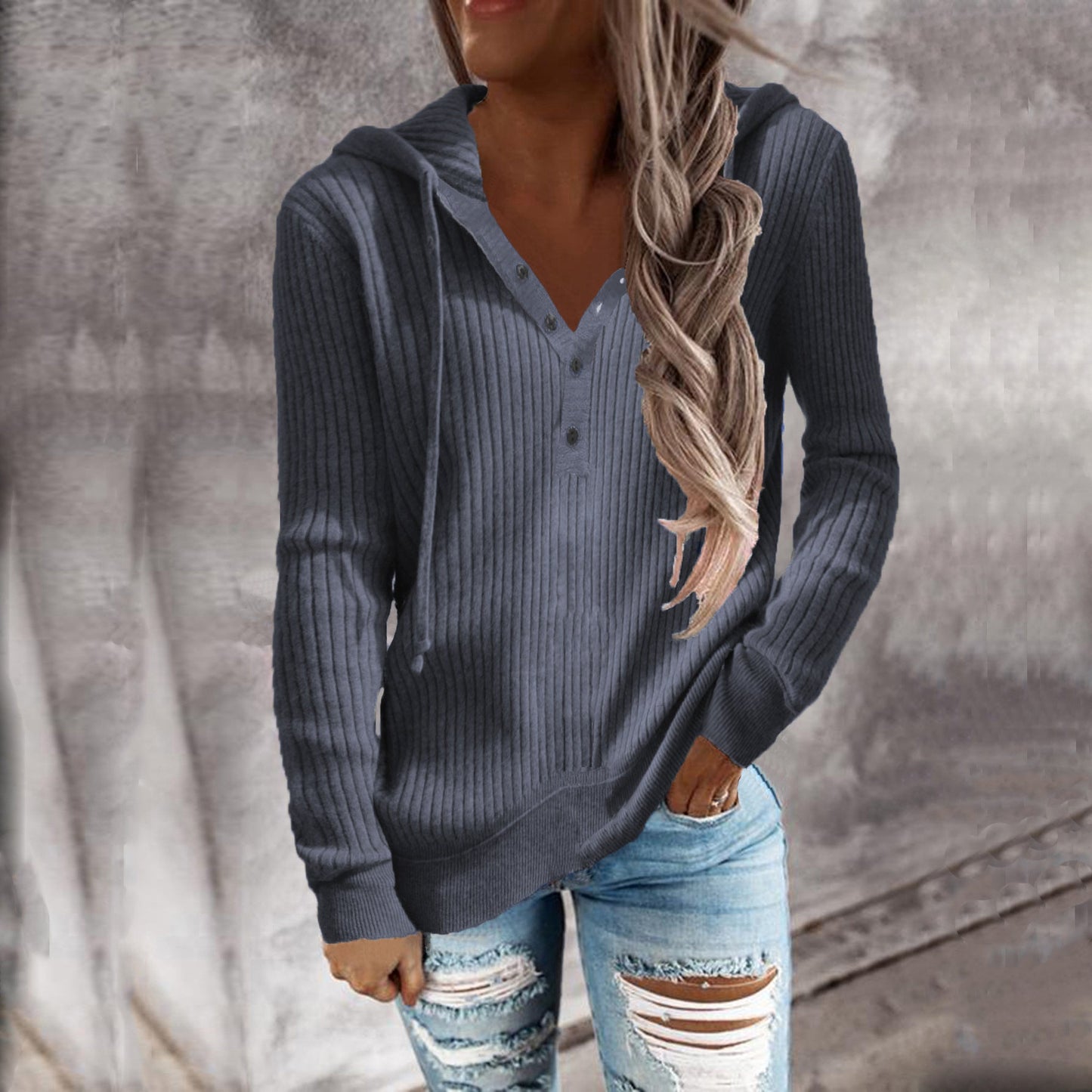 Women Ribbed Knit Hoodie Top Henley Half Button Drawstring Long Sleeve Casual Pullover Blouse