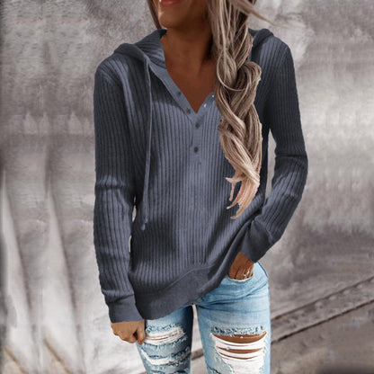 Women Ribbed Knit Hoodie Top Henley Half Button Drawstring Long Sleeve Casual Pullover Blouse