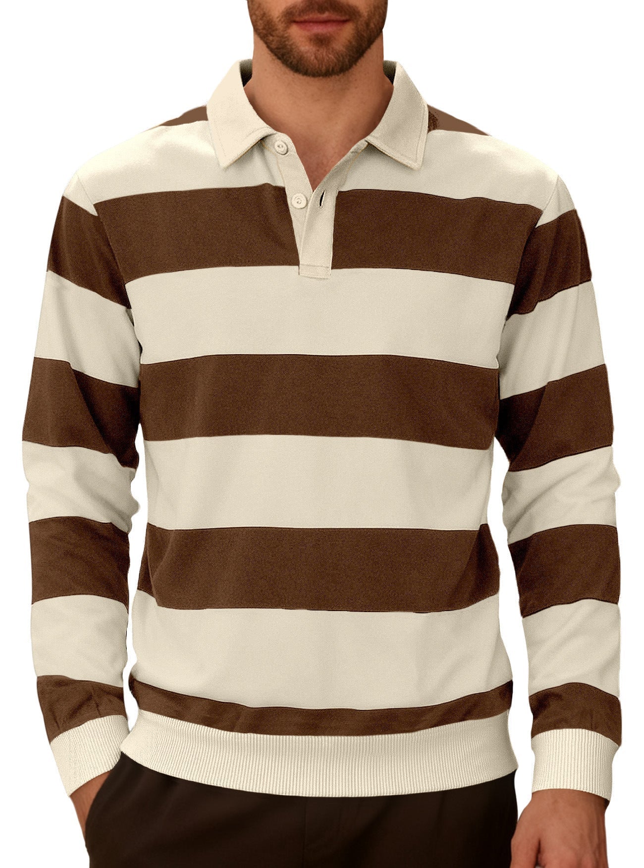 Men's Striped Color-Blocked Button Long-Sleeve Knit Shirt, Casual Sporty Trendy Business Polo Shirt