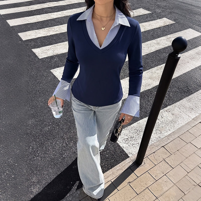 Color-block V-neck Fitted Top For Women