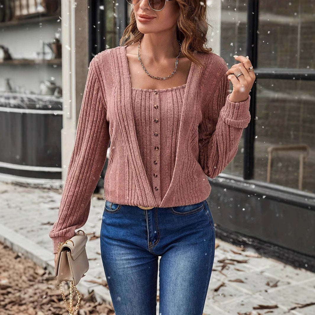 Spring Autumn New Arrival  Casual Fashionable Relaxed-Fit Solid Color Button Square Neck Knit Top