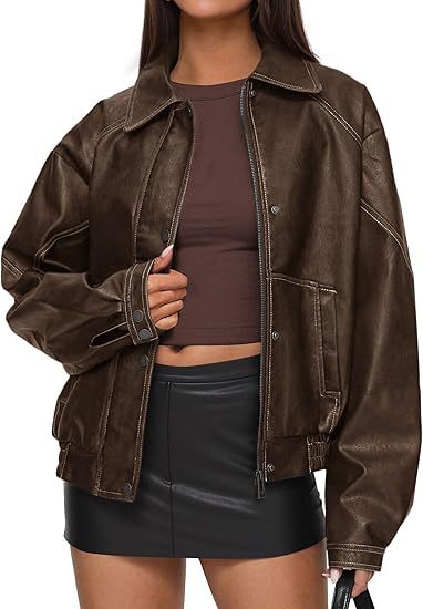 PU Jacket Womens Zip-up Casual Coat Leather Jacket