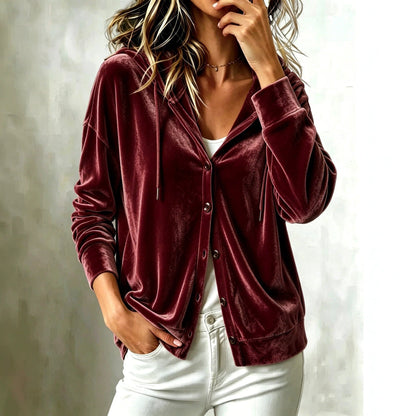 New Arrival European American Style Women Fall Winter Hooded Solid Color Long Sleeve Loose Button Down Cardigan