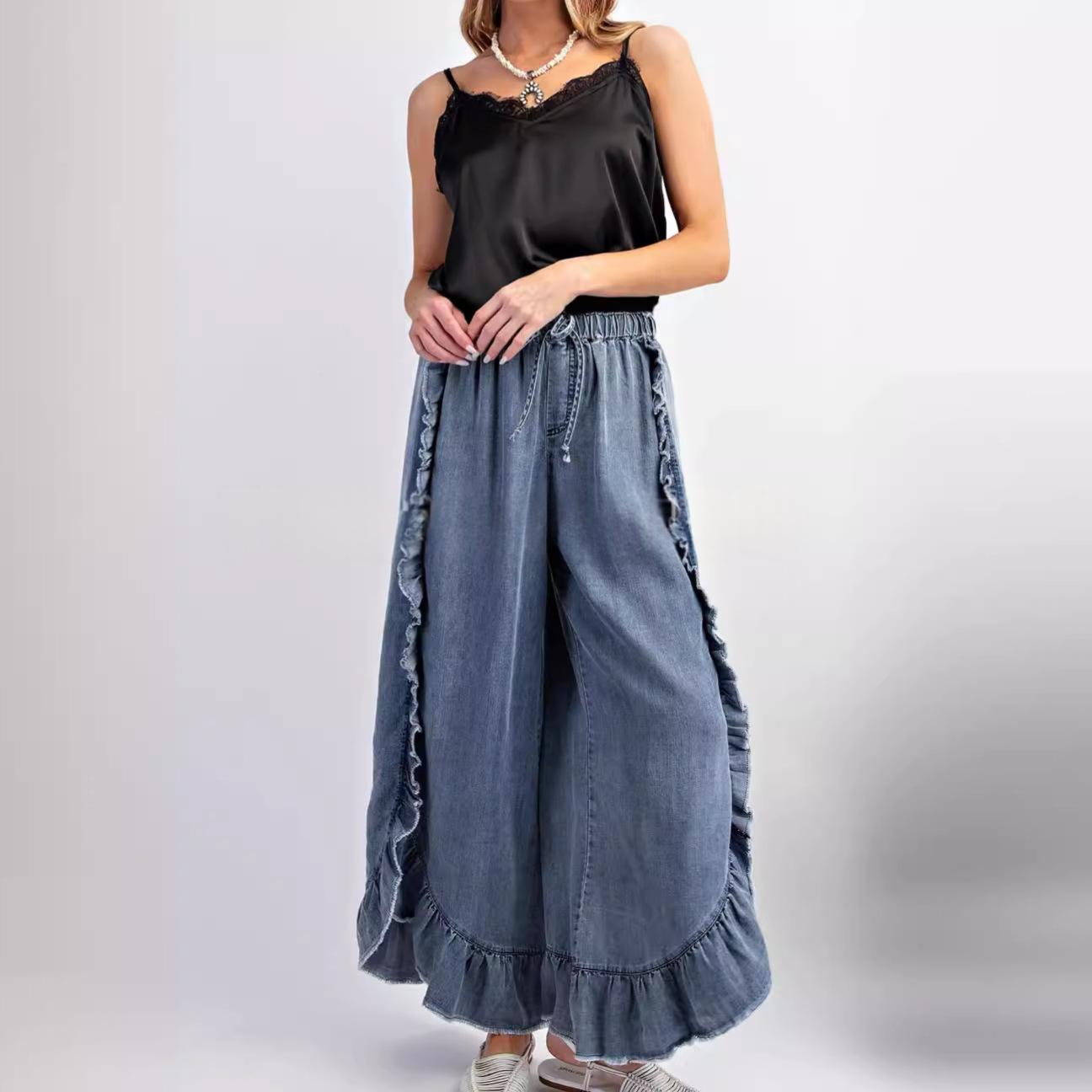 Womens Washed Cotton Denim Flared Pants With Ruffled Hem