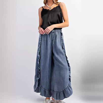 Womens Washed Cotton Denim Flared Pants With Ruffled Hem