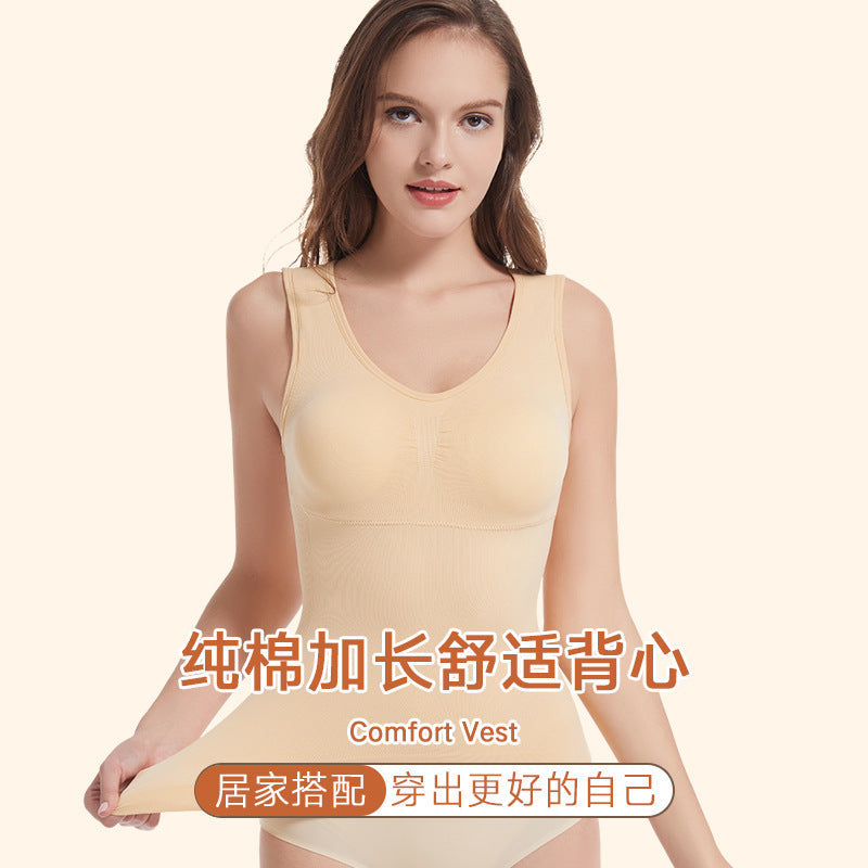 Foreign Trade Seamless Double-layer Body Shaping Vest Long Abdominal Shaping Waist Sports Base Vest Pure Cotton With Chest Pad For Women