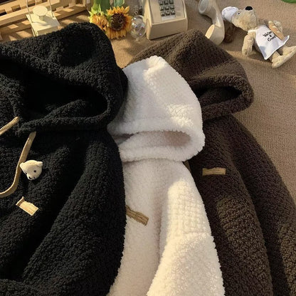 Winter Fleece-lined Extra-thick Lambswool Hooded Sweatshirt