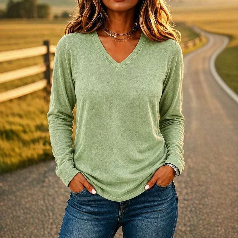 Leisure Pullover V-neck Solid Color Loose Long Sleeves T-shirt