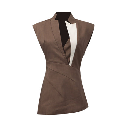 Designer Asymmetric Color-Block Sleeveless Blazer For Women