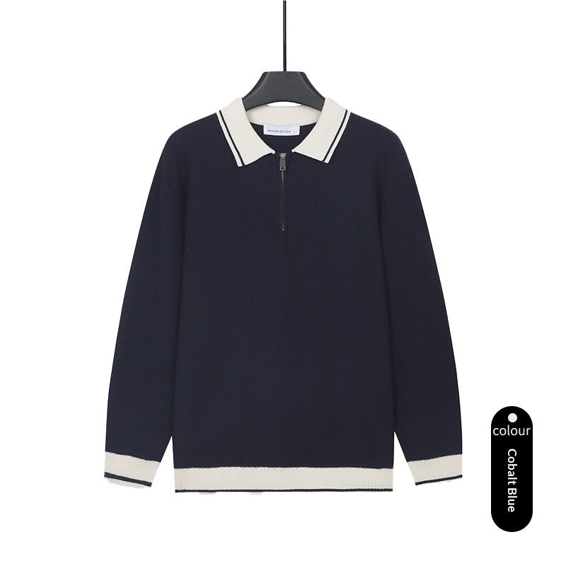 Mens Solid-Color Casual Top With Lapel And Half-Zip