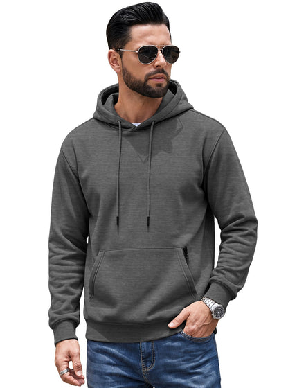 Cross-border TK Men's American Solid Color Drawstring Hoodie, Sports & Outdoor Sweatshirt With Anti-theft Side Zipper Kangaroo Pocket