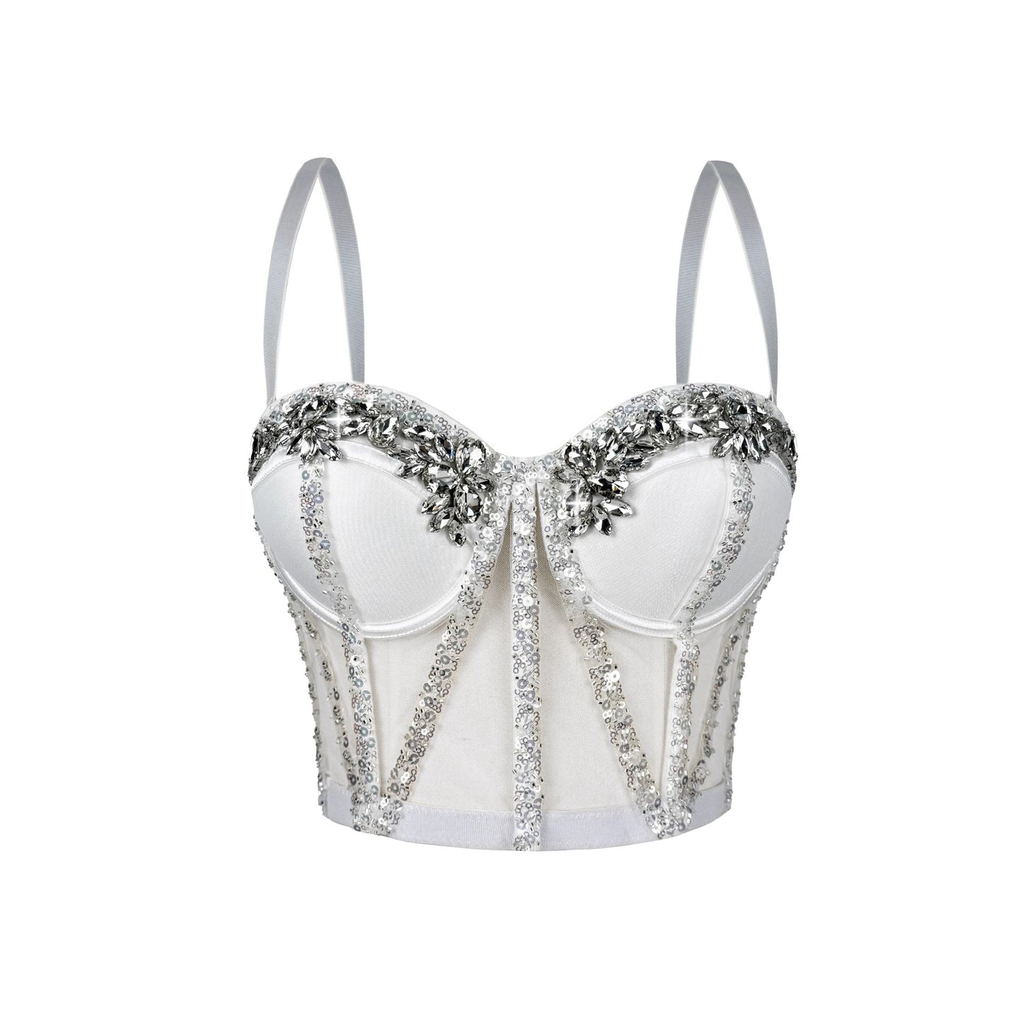 Cross-Border Rhinestone Mesh Fishbone Bra Semi-Transparent Sexy Slimming Suspender Tube Top Slimming  Diamond Fishbone Top Stage