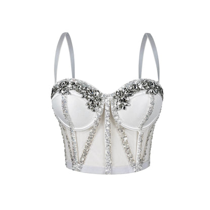 Cross-Border Rhinestone Mesh Fishbone Bra Semi-Transparent Sexy Slimming Suspender Tube Top Slimming  Diamond Fishbone Top Stage