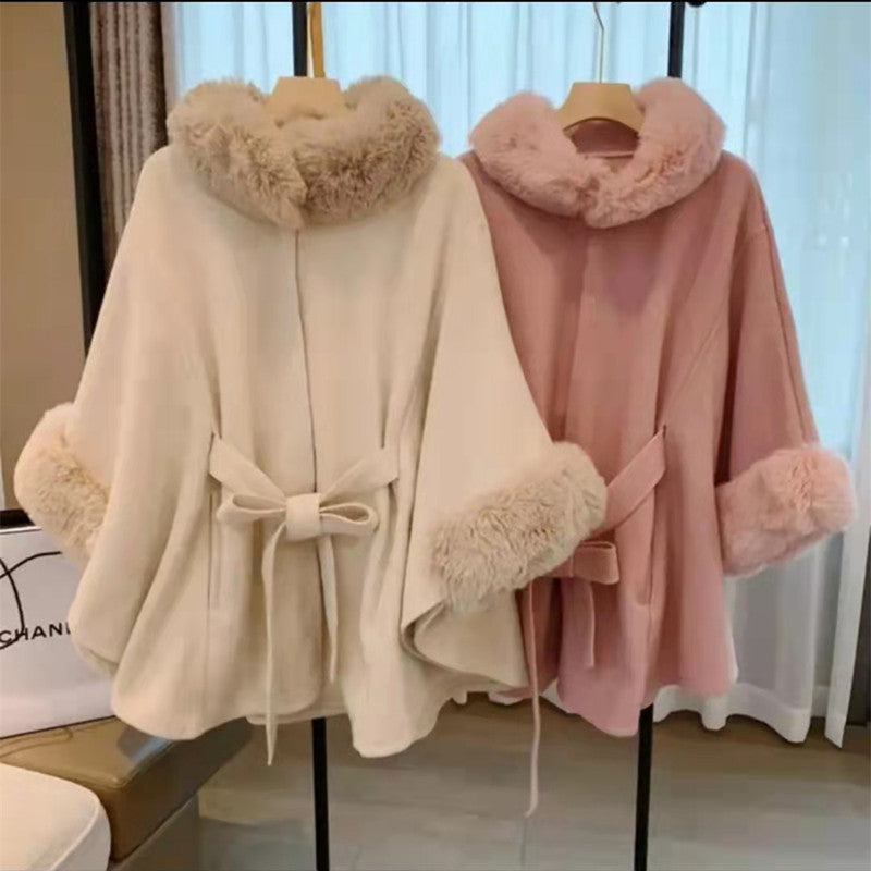 Fur Collar Tie Knitted Cape Women's Wool Plus Size Women's Clothing