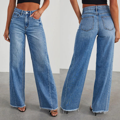 Europe And The United States Cross-border New Amazon Loose Wide Leg Side Stitching Framed Hem Jeans Women's 32150