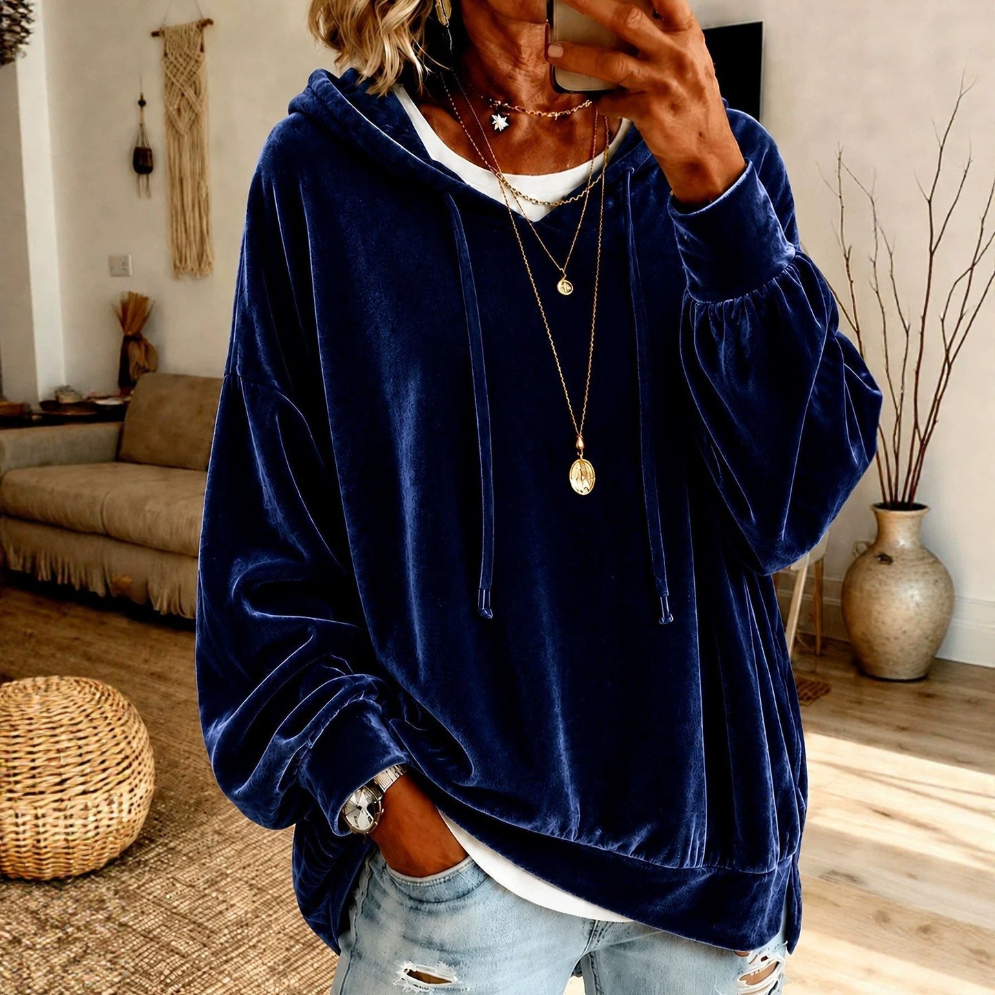 Women Casual Velvet Hooded Sweatshirt Long Sleeve Drawstring Loose Pullover Hoodie With Side Pockets Fall Winter Tops