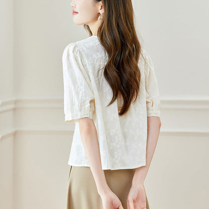 Round-neck Embroidered Shirt Womens Short-sleeve Top