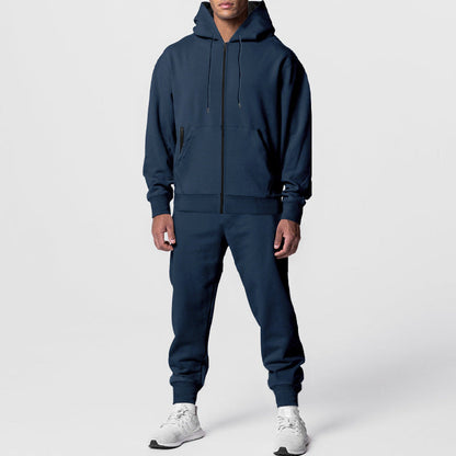 Mens Solid-Color Cardigan Zip-Up Long-Sleeve Sports Suit