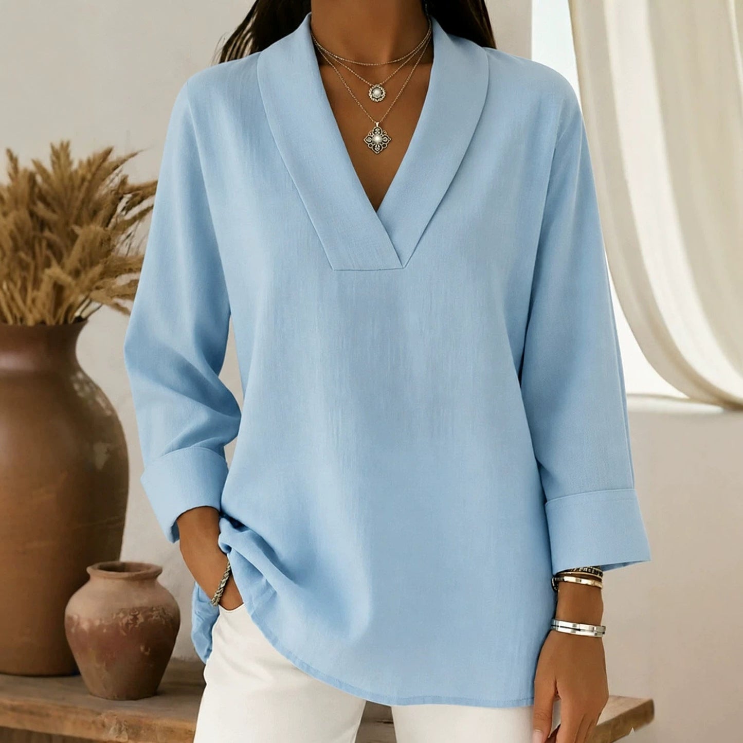 Womens Relaxed-fit Three-quarter-sleeve V-neck Blouse