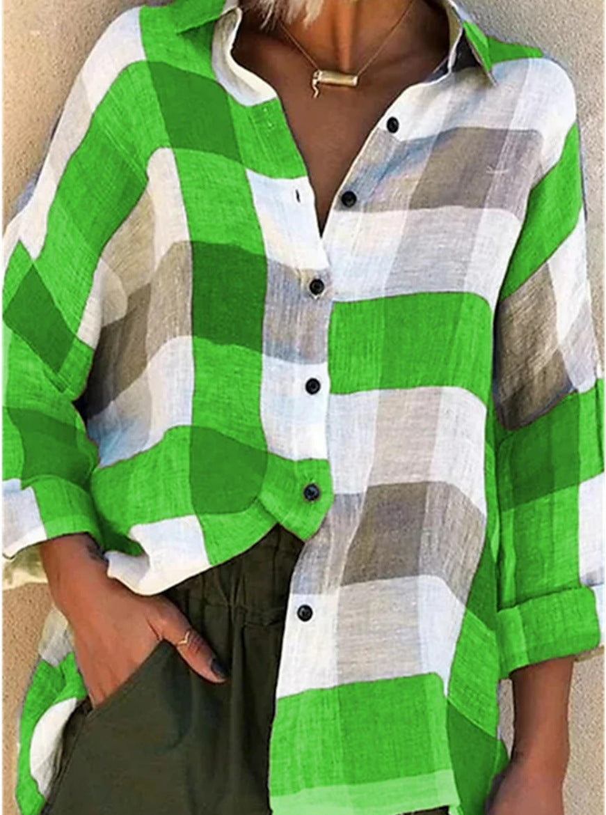 2025 New European And American Cross-Border Amazon Lapel Casual Commuting Long-Sleeved Plaid Printed Shirt