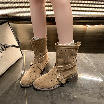 Retro Style Suede Western Cowboy Boots For Women, Niche, Thick Heel, Belt Buckle, Short Boots