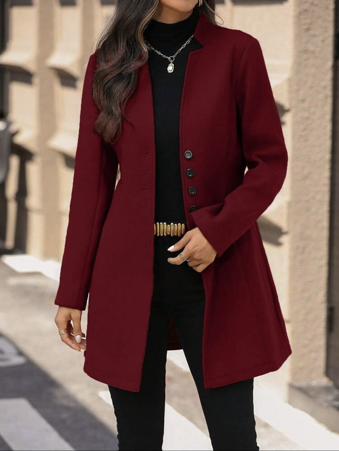 Elegant Wool Stand-collar Trench Coat Mid-length Style For Women