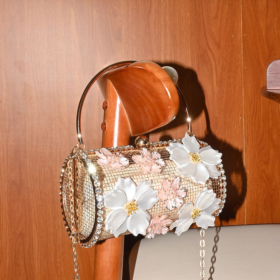 French-style Metal Flower Clutch With Diamonds And Pearls