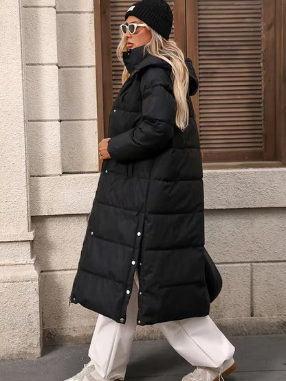 Black Long-length Hooded Thickened Cotton Coat For Women