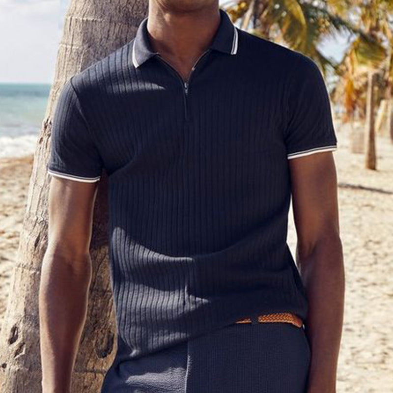 Striped Casual Stand Collar Shirt Solid Color Short Sleeve Top