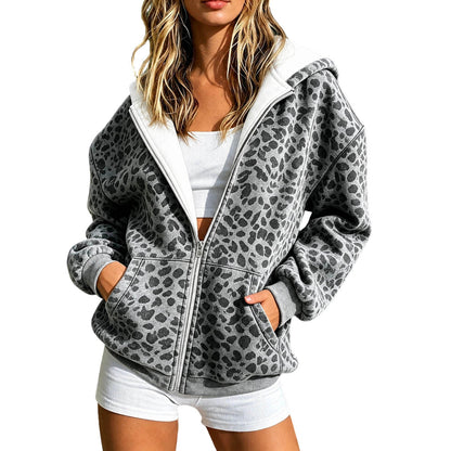 Womens Leopard-Print Hooded Zip-Up Sweatshirt Jacket