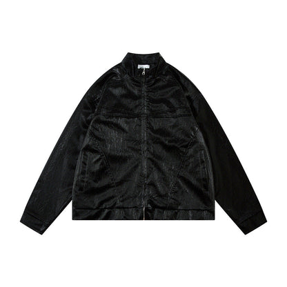 Men's Split Splicing Solid Color Loose Standing Collar Leather Jacket