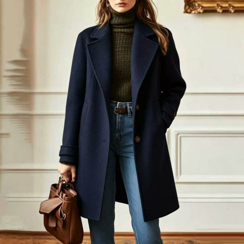 Elegant Midi-length Single-breasted Solid-color Wool Coat With A Lapel