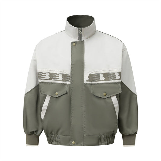 European And American Color Contrast Patchwork Workwear Stand-up Collar Jacket