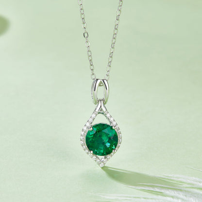 S925 Silver 2.7g Platinum Plated 2.3ct Lab-Created Emerald Necklace, 8mm Halo Pendant, 40&5cm