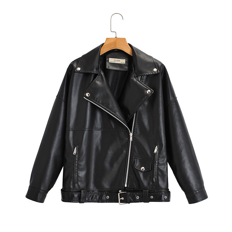 Turn-down Collar Loose Leather Jacket Womens Top
