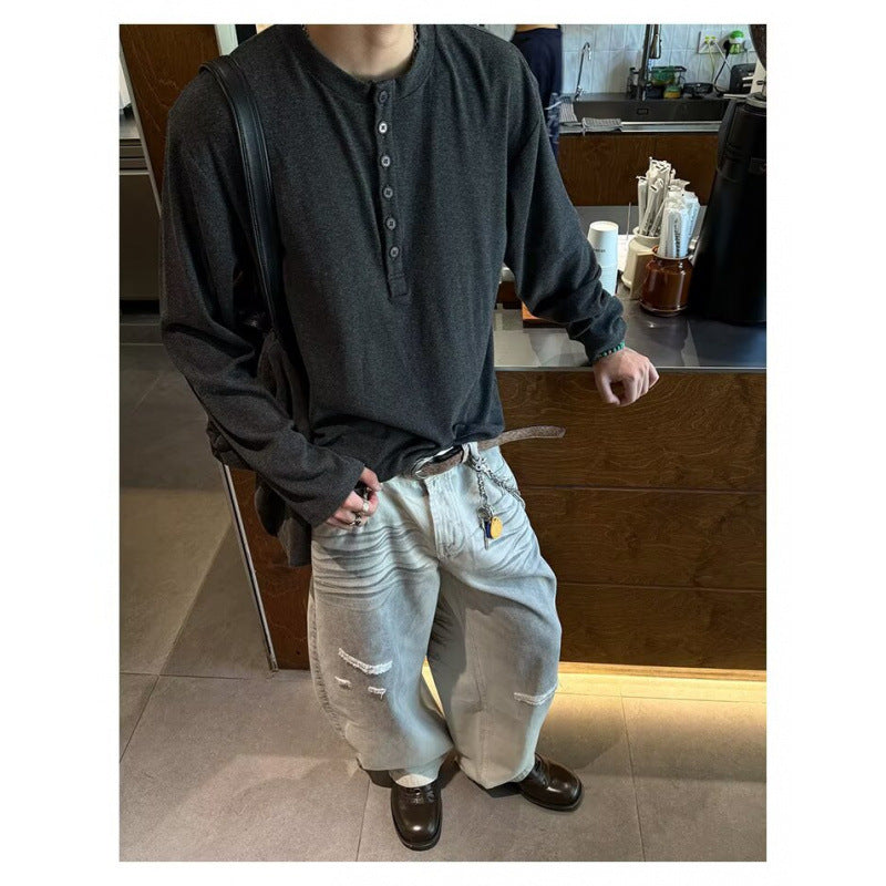 American Style Vintage Long Sleeve Mens Loose-fit Casual All Matching Top
