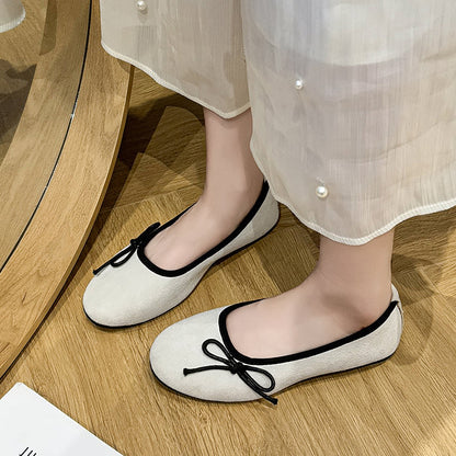Women French Suede Bow Soft Sole Ballet Flats 2026 New Fairy Style Slip On Mary Jane Pumps