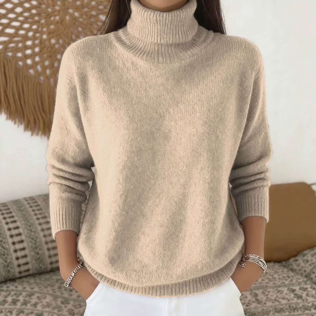 Autumn  Winter New Arrival  Casual Chic Solid Color High-Neck Pullover Knit Sweater